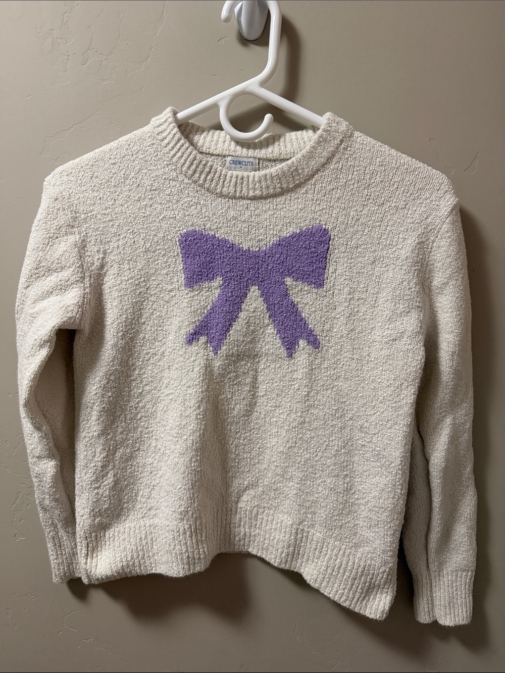 Crewcuts Cream Bouclé Sweater with Lavender Bow